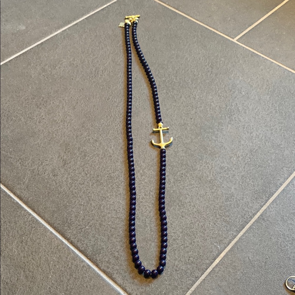 Navy Beaded Necklace with Gold Anchor Pendant